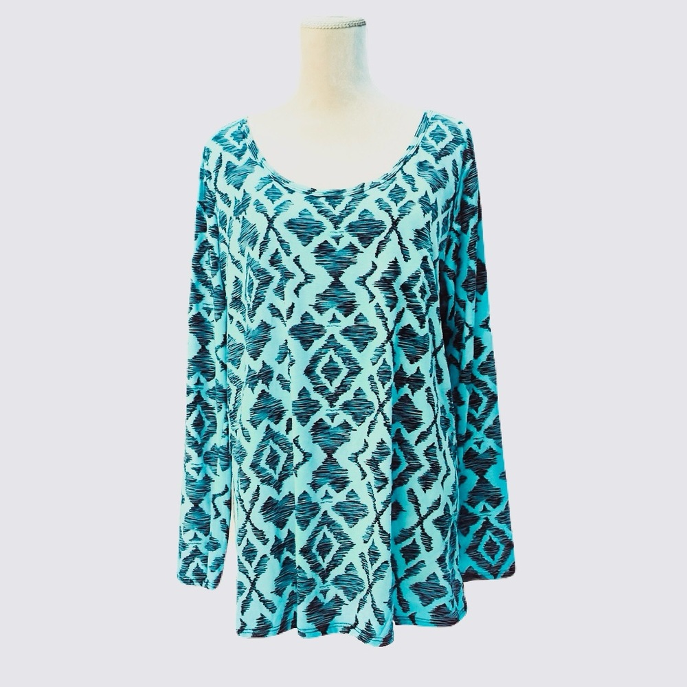 LulaRoe Women 2XL Turquoise Aztec Print Long Sleeve Top Boho Stretchy Tunic
